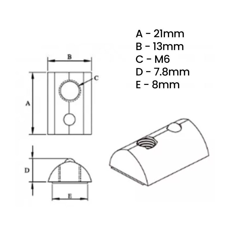 Nakrętka z kulką M6 do rowka 8mm - 20 szt.