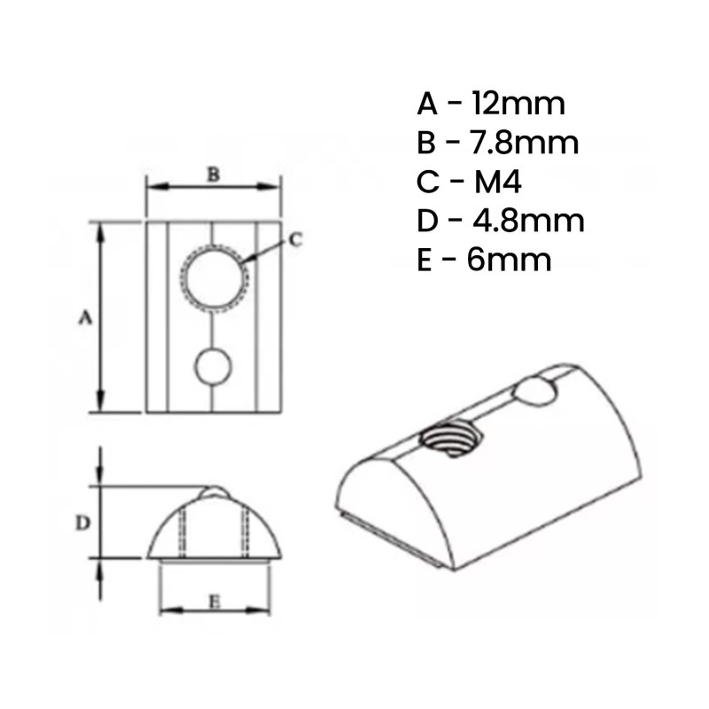 M4 Roll-In T-nut with ball spring for 6mm groove - 20 pieces