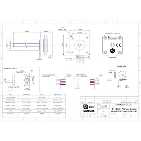 Stepper motor LDO-42STH25-1004CL200E